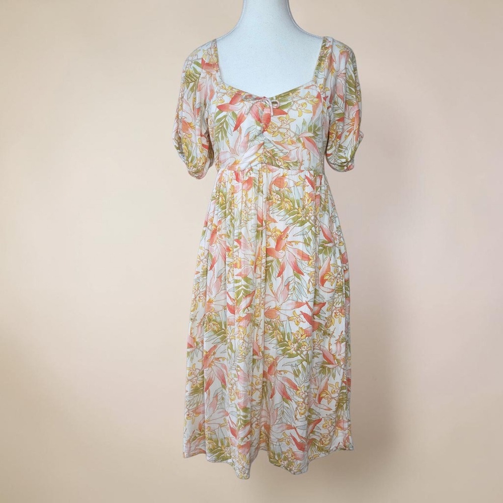 Billabong Women Medium Tropical Floral Puff Sleeve Smocked Mini Dress Peach